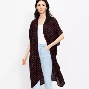 NWT Loft Pearl Polka Dot Print Long Open Kimono In Black & Red